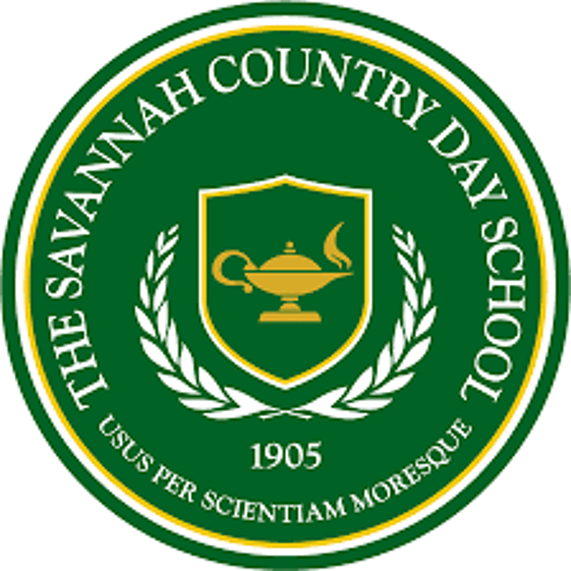 The image is the seal of Savannah Country Day School. The seal is circular with a green background and gold text. The text reads "THE SAVANNAH COUNTRY DAY SCHOOL" around the top and "USUS PER SCIENTIAM MORESQUE 1905" around the bottom. In the center is a shield with a gold lamp on a green background, flanked by laurel branches.